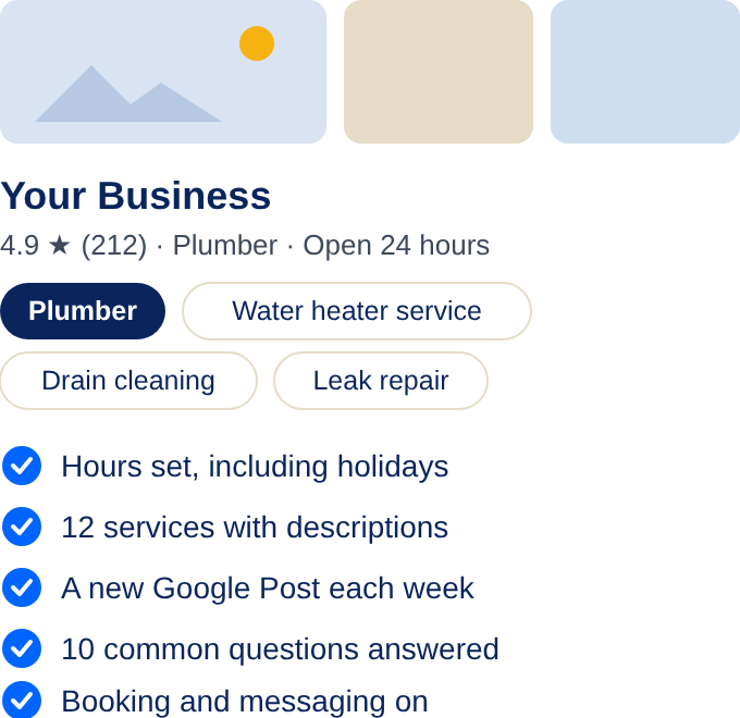 lbs-gbp-profile-example Example of a complete Google Business Profile: photos, rating, primary and secondary categories, and a checklist of hours, services, posts, questions and booking